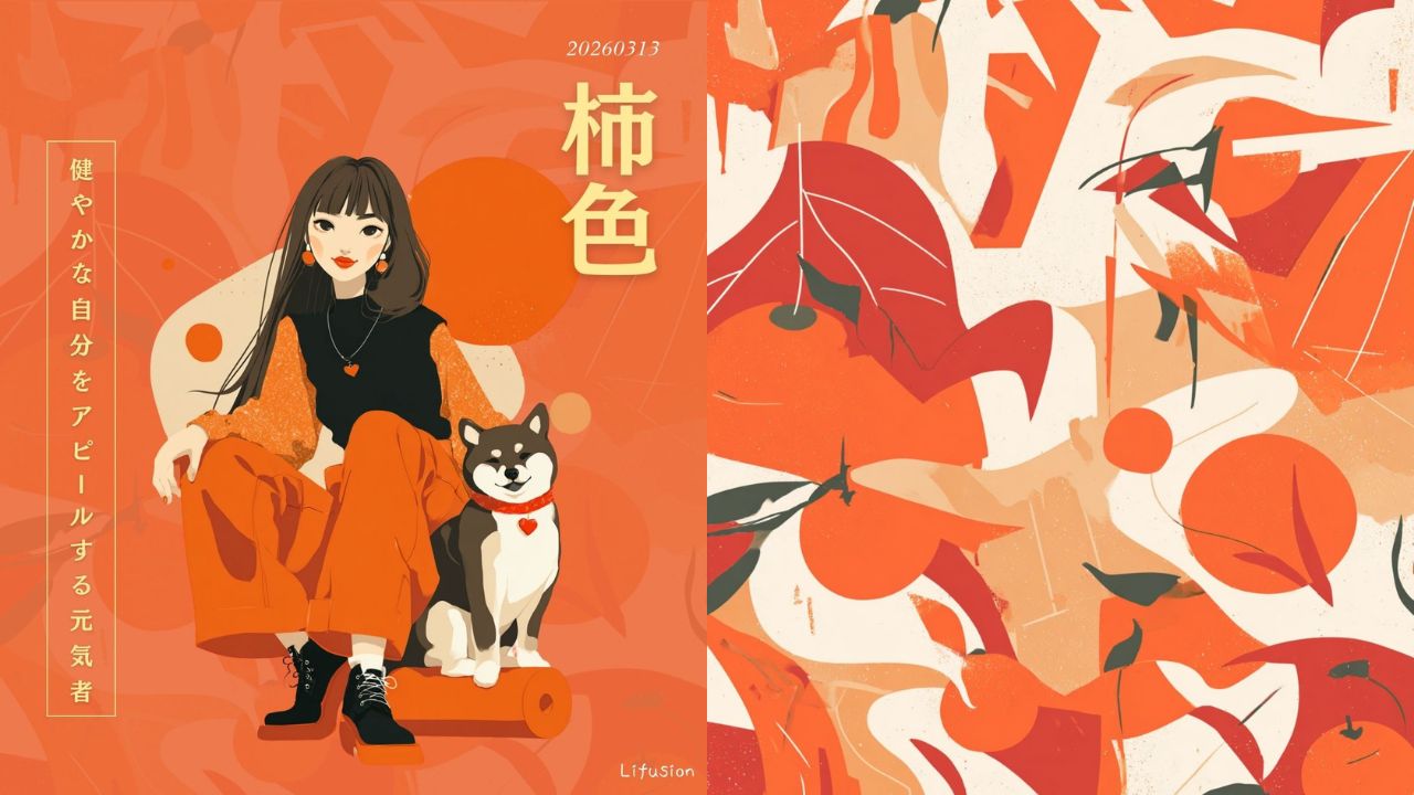 3月13日の誕生色は「柿色（かきいろ）」。熟した柿の実のような鮮やかなオレンジ色で、色言葉は健やかな心身・組織力・大望。色コード・デザインデータに加えて、座りっぱなしの体をほぐすおすすめアイテムやおしゃれな背景素材も無料配布中。