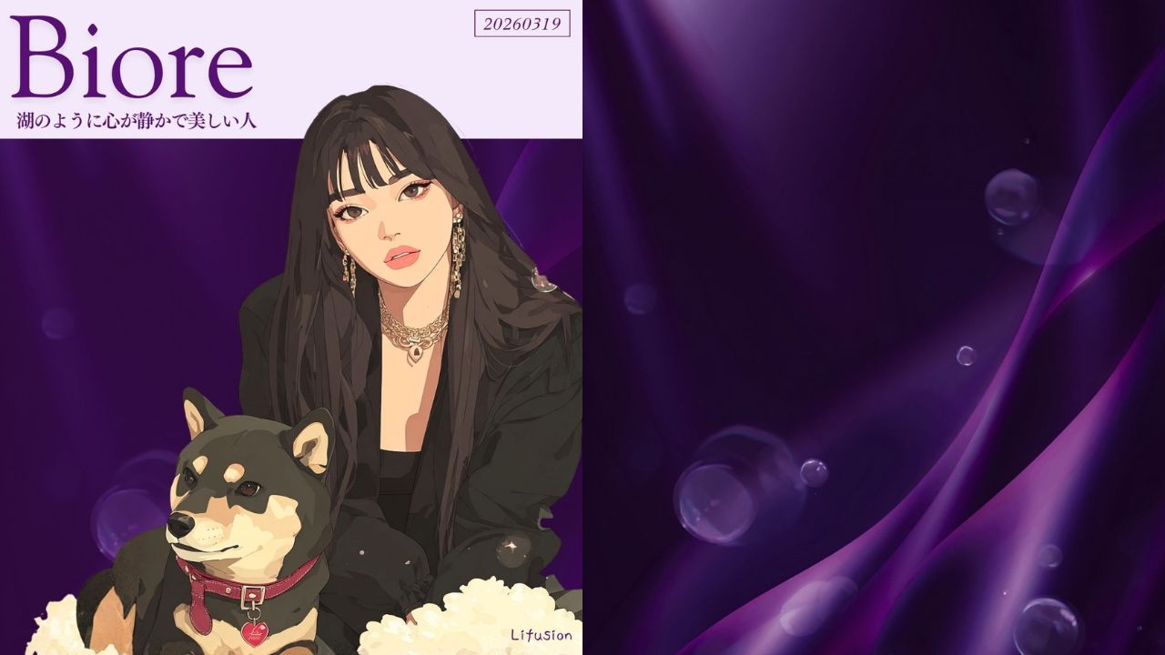 3月19日の誕生色はビオレ（Bioré）。深みのある紫で、色言葉は「落ち着き・健康・安定感」。色コード・デザインデータも掲載。黒柴のAIイラストと、毛穴・黒ずみケアにおすすめのビオレ泡洗顔料も紹介。無料背景素材あり。